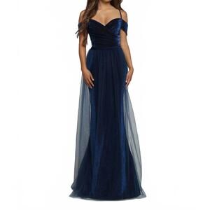 NEW DAVINCI BRIDAL shimmer knit & tulle bridesmaids dress in cobalt